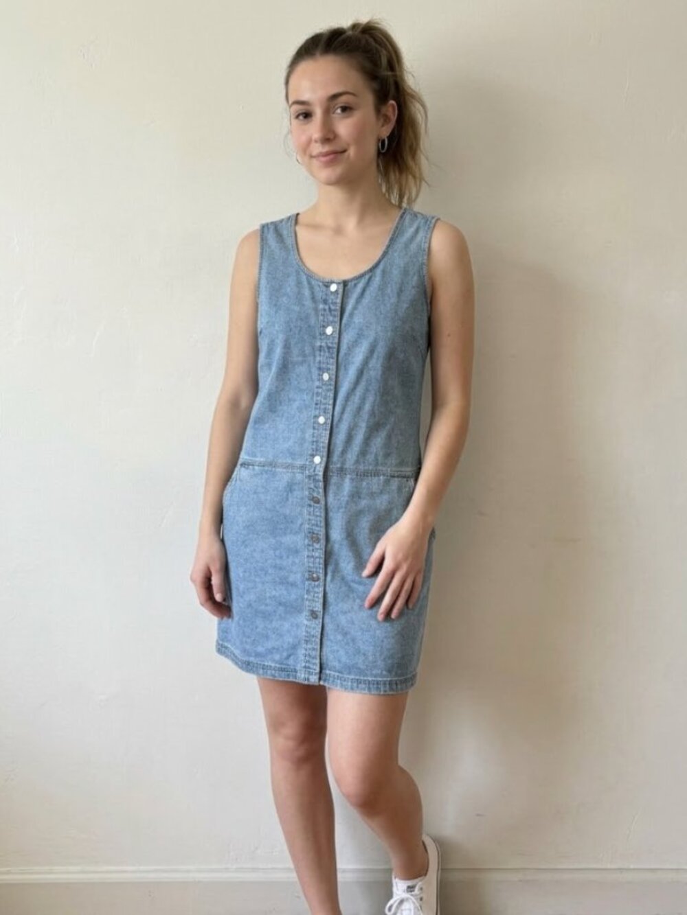 VTG 90s NY Jeans Denim Dress 10 Button Front Pocket Cottage Prairie Granny Indie